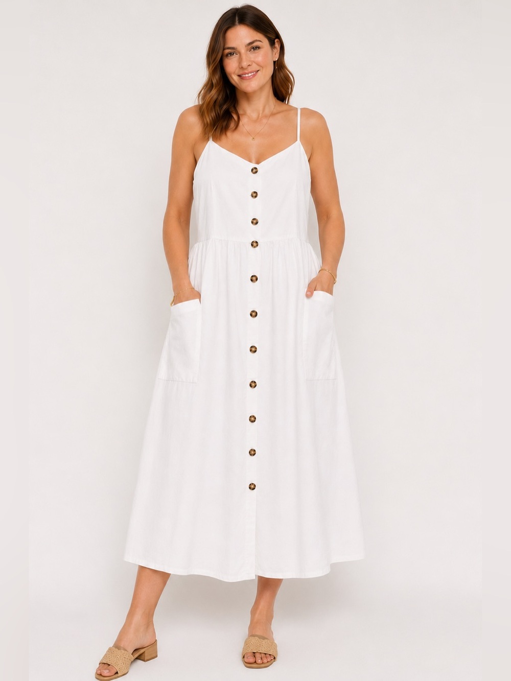 White Button-Front Spaghetti Strap Midi Dress